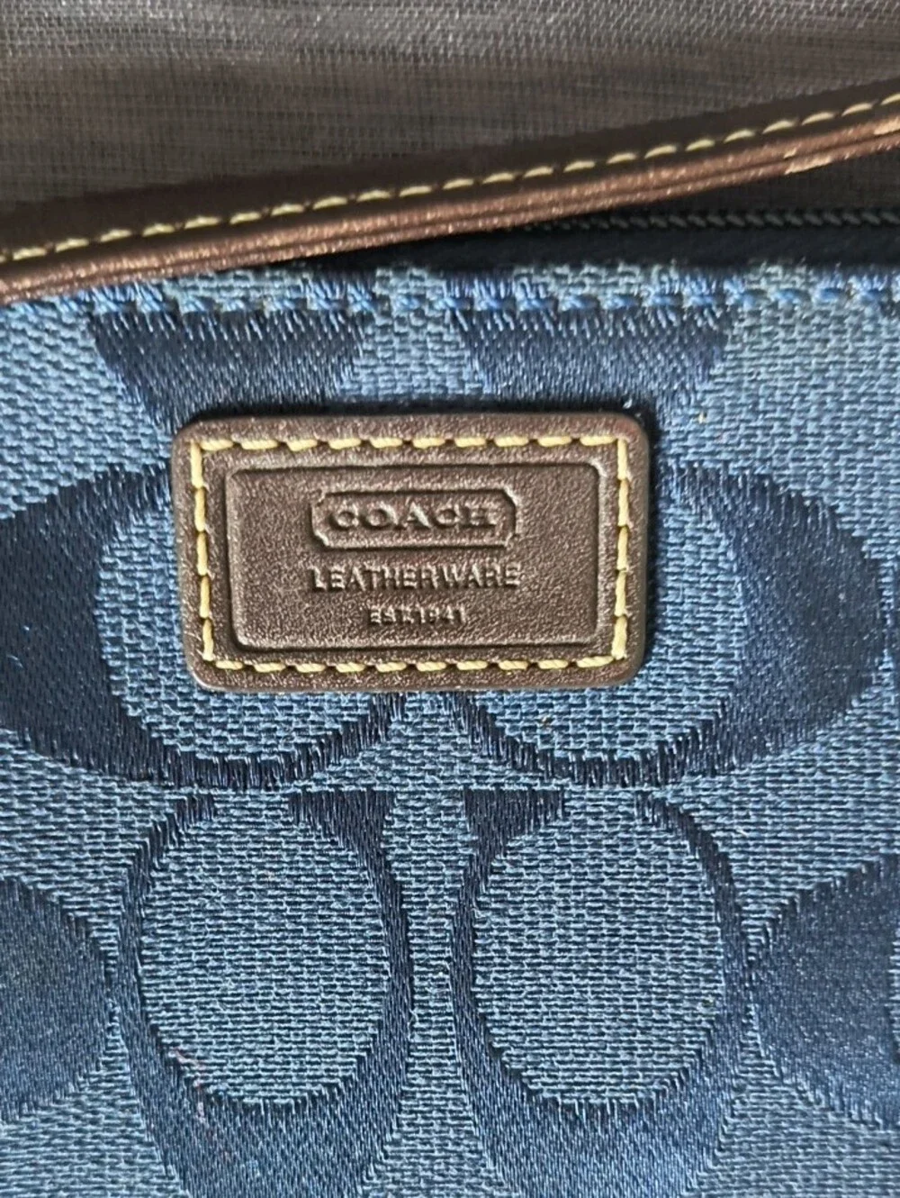Coach Blue Signature Canvas Wristlet with Brown Leather Strap